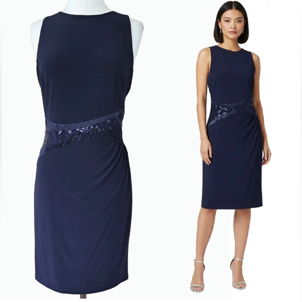 New Lauren Ralph Lauren Navy Silk Lace Sequin Gathered Waist Sleeveless Dress 2